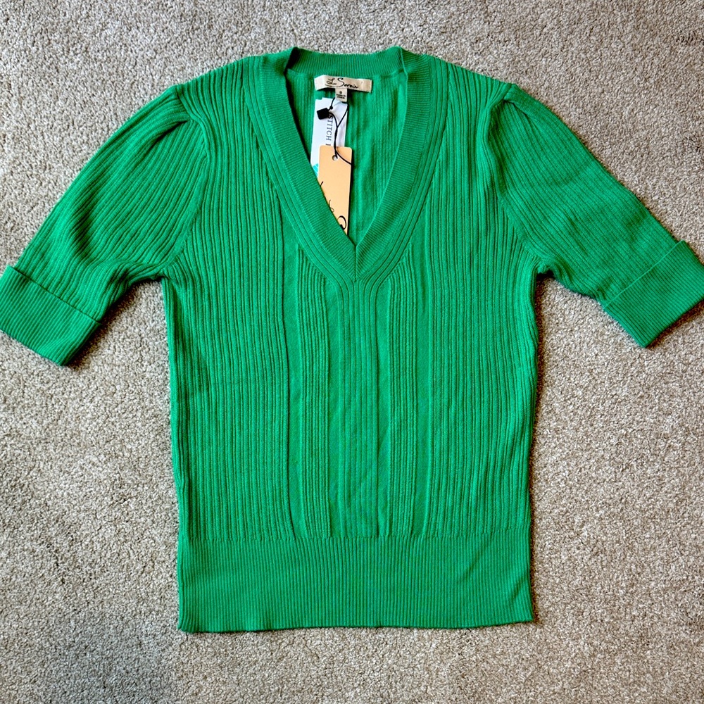 Les Serein Apple Green Ribbed V-Neck Short Sleeve Sweater Women's Small NWT - Picture 2 of 9
